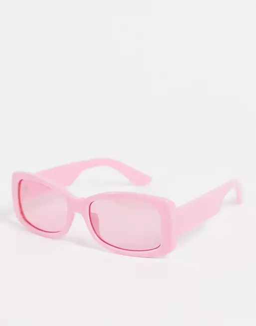 ASOS DESIGN recycled frame wrap mid square sunglasses in hot pink | ASOS (Global)