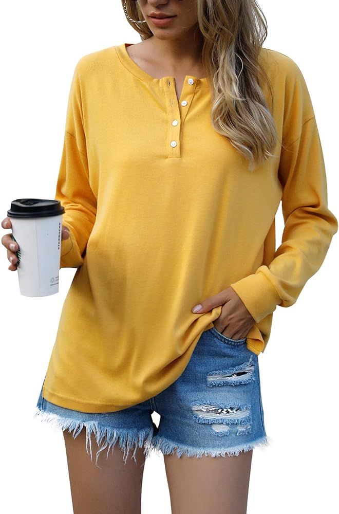 Blooming Jelly Women's Long Sleeve Shirts V Neck Tunic Tops Henley Loose Pullover with Buttons | Amazon (US)