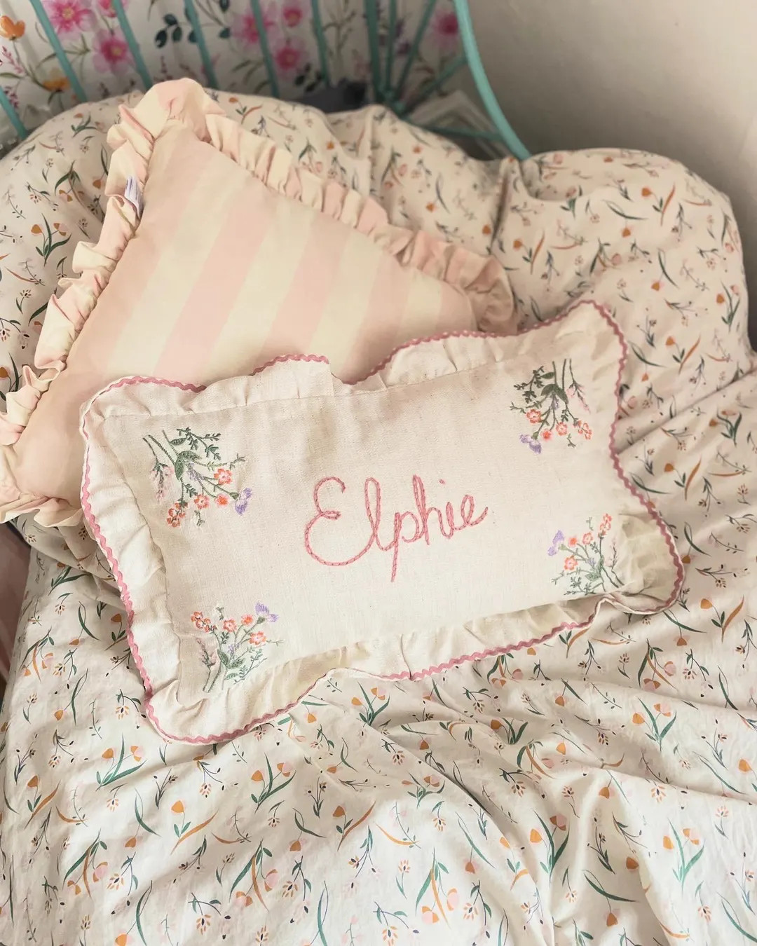 Embroidered Floral Cushion: Hand Stitched Personalisation, Ruffle Trim - Etsy | Etsy (US)