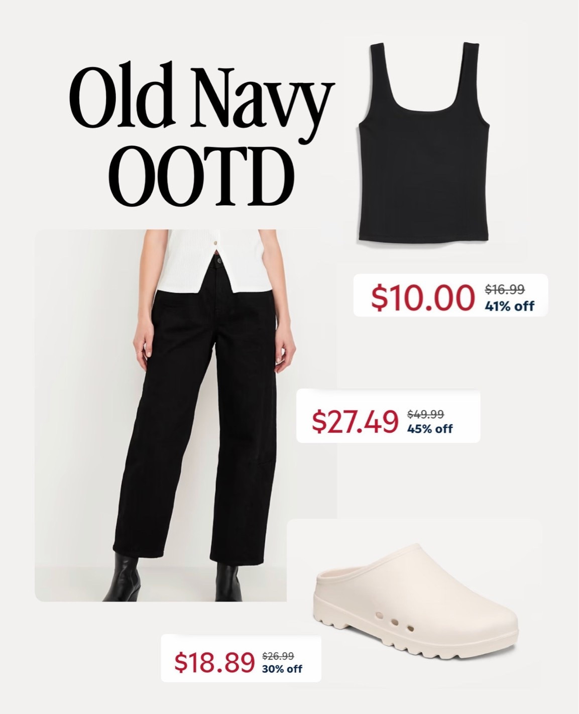 Old Navy black double layered tank with black High-Waisted Barrel Ankle Jeans and beige clogs

#LTKgrwm #LTKootd #LTKSaleAlert