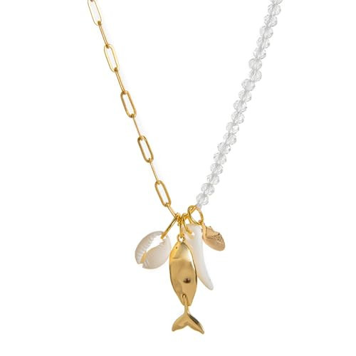 immerFancy Gold Fish Charm Necklace for Women, Dainty Non Tarnish Gold Plated Paperclip Beaded Chain Cowrie Shell Pendants Tropical Boho Necklace Summer Beach Surfer Hawaiian Jewelry Gifts | Amazon (US)