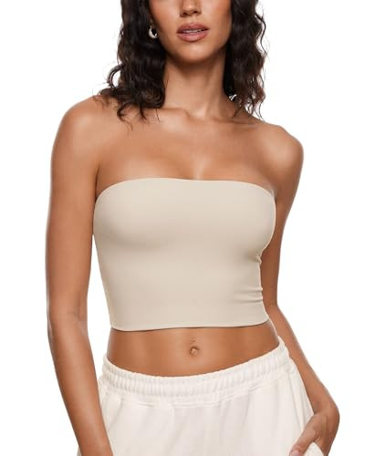 INLYRIC Natrelax Women's Tube Tops Strapless Bandeau Crop Top Double Lined Sexy Summer Going Out Tops Solid Stretchy Flax Beige X-Large | Amazon (US)