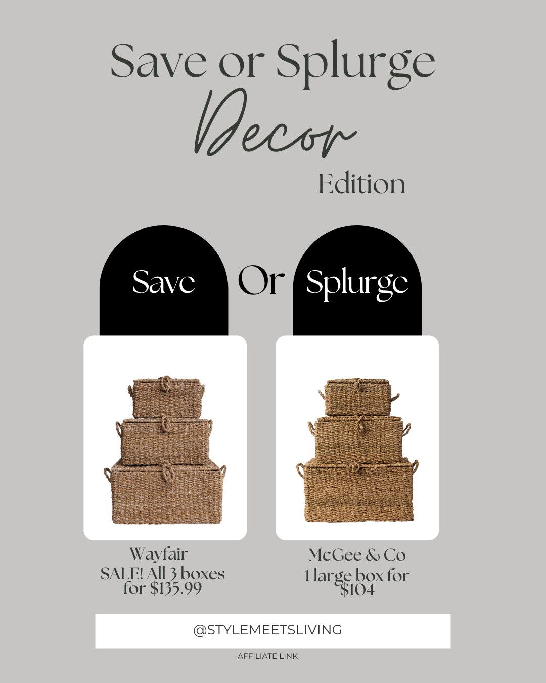 Save vs splurge, and this one is so good. The Wayfair seagrass trunks give the same McGee & Co look but for so much less money. Such an easy styling win. 

McGee and Co dupe, seagrass box, woven storage, Wayfair finds, storage trunks, designer look for less, home organization, neutral decor, basket storage, affordable home decor 

 #LTKHome #LTKSaleAlert