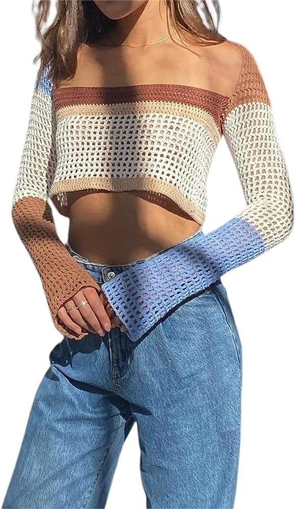 Women Hollow Out Crochet Knit Crop Tops Color Block Long Sleeve Square Neck Fall Sweaters Tops | Amazon (US)