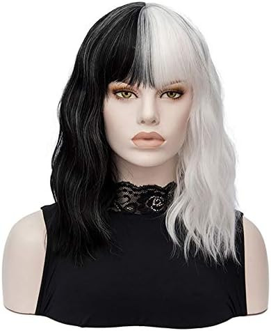 Black and White Wig | Qaccf Short Wavy Shoulder Length Women Full Bang Heat Resistant Wig (Black ... | Amazon (US)