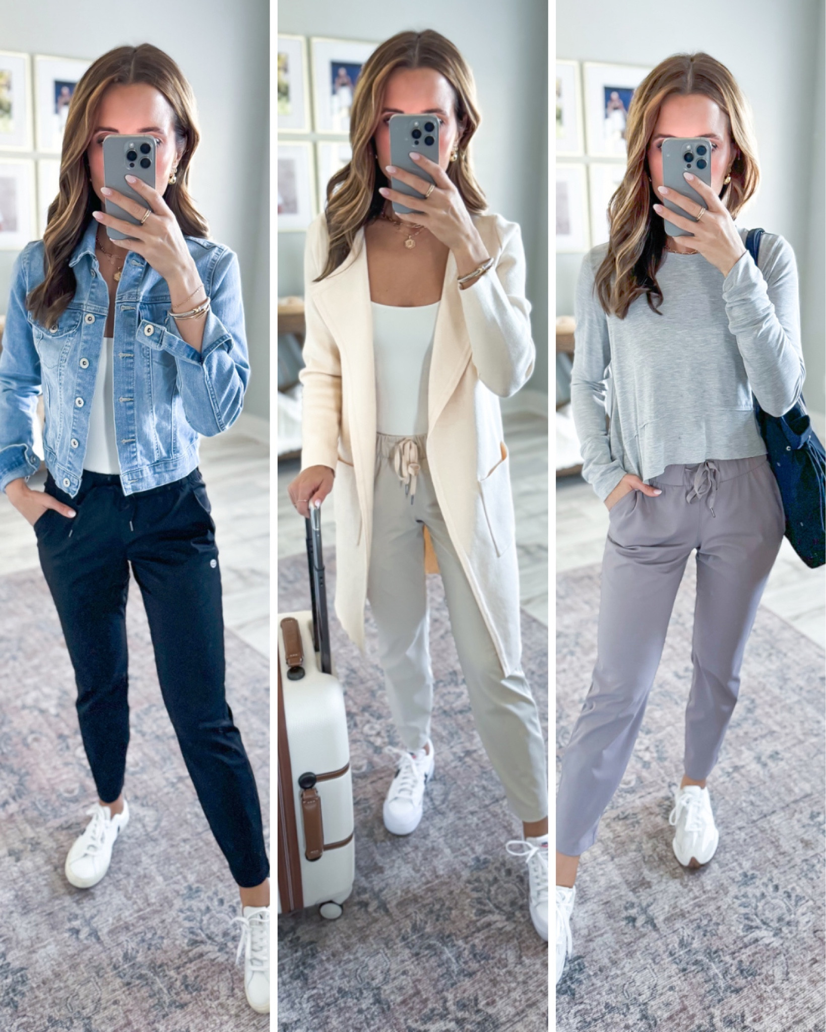 Amazon look-for-less joggers in  Black, light khaki, and Dusty grey. Inspired by Lulu! Quick dry joggers. Amazon Petite friendly joggers in XS.  Amazon Travel outfit. Casual outfit. Spring outfit. Athleisure. Denim jacket (color Maude) and coatigan (color beige) in XS. Bodysuit and grey top in XS. Nike court legacy lift sneakers (size down half a size). Veja Esplar sneakers. New Balance 327s are TTS. 

#LTKsalealert #LTKtravel #LTKshoecrush