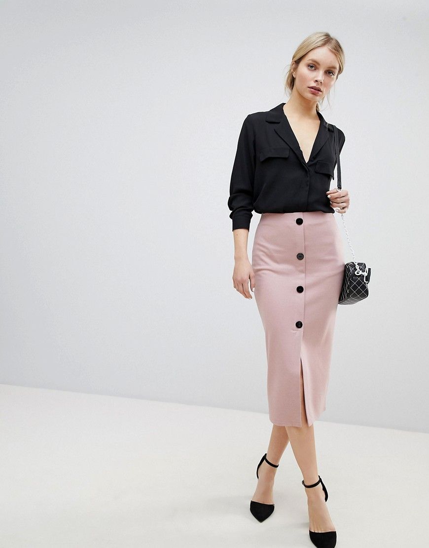 ASOS DESIGN ponte button front pencil skirt - Pink | ASOS US