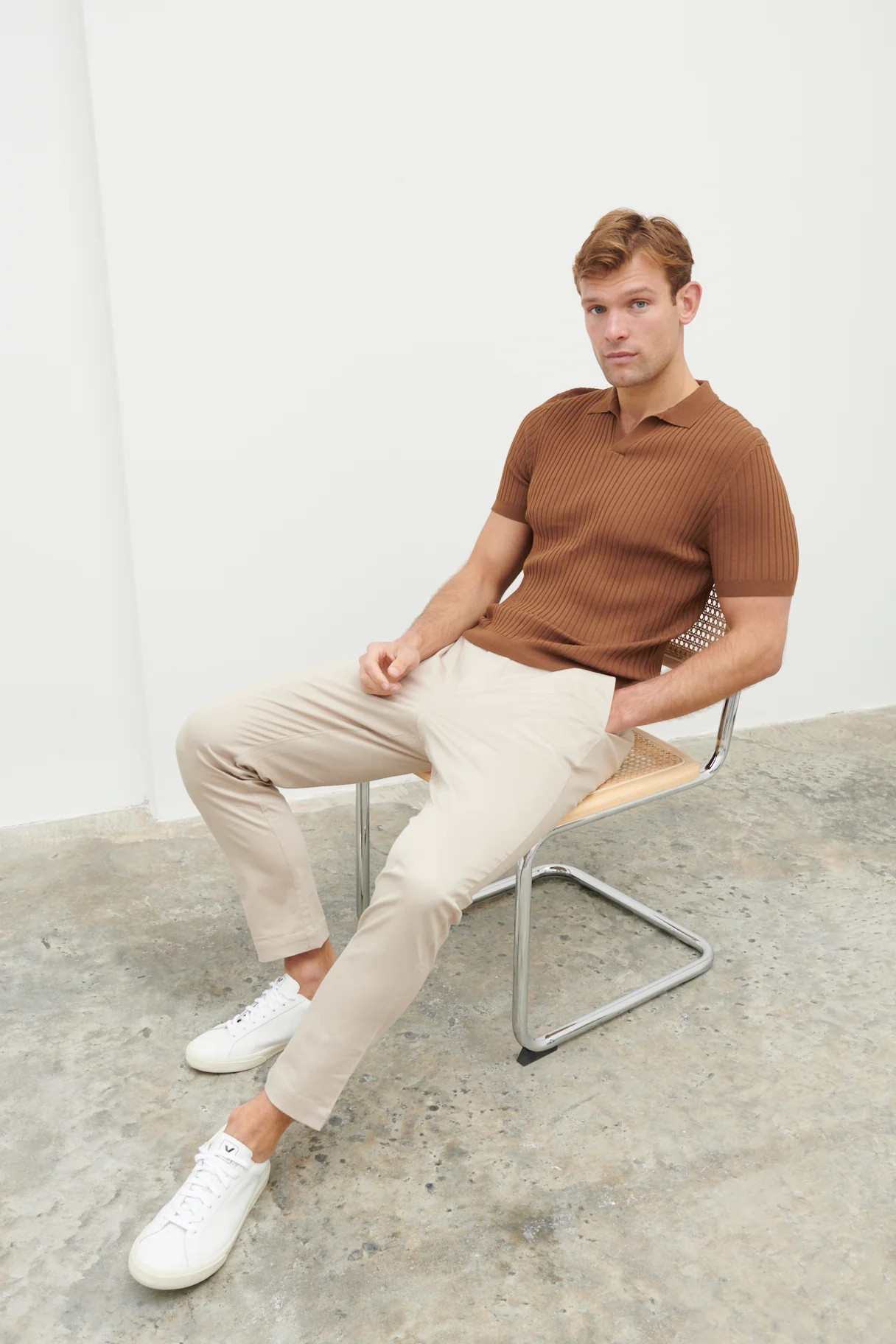 Ethan Ribbed Knitted Polo Top - Brown | NOBL