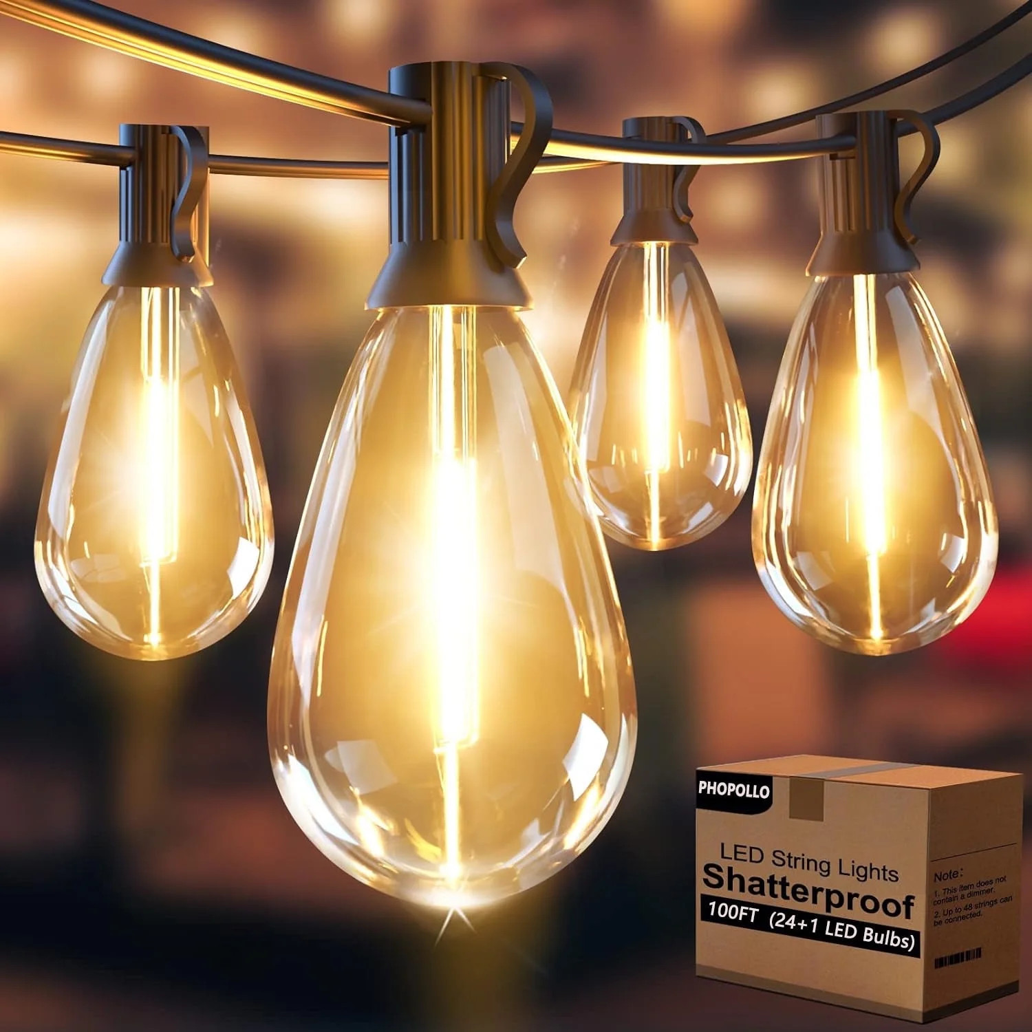 PHOPOLLO 100ft LED Outdoor String Lights, with E12 S14 Waterproof Shatterproof Vintage Edison B... | Walmart (US)