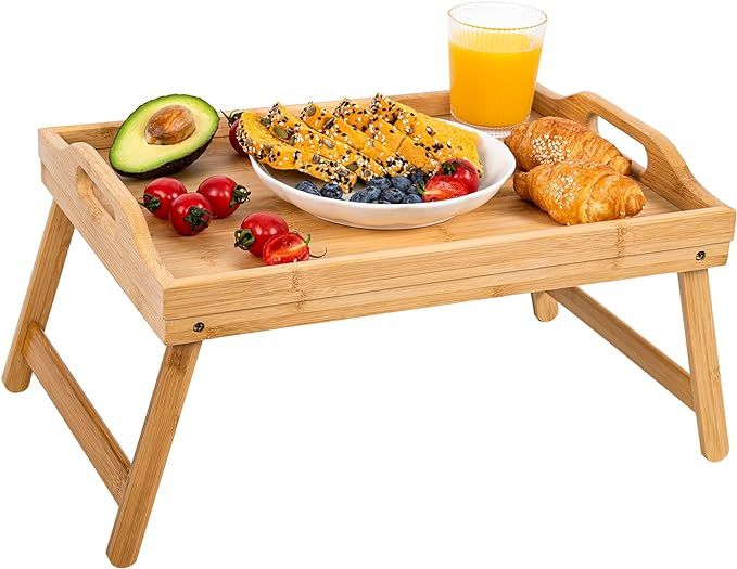 Bamboo Bed Tray,Breakfast Tray with Folding Legs Serving Tray with Carrying Handles Portable Lap ... | Amazon (US)