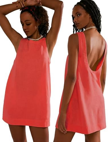 VIUTIL Womens Summer Linen Mini Dress Boat Neck Low Back Sleeveless Tank Dresses with Pockets 202... | Amazon (US)