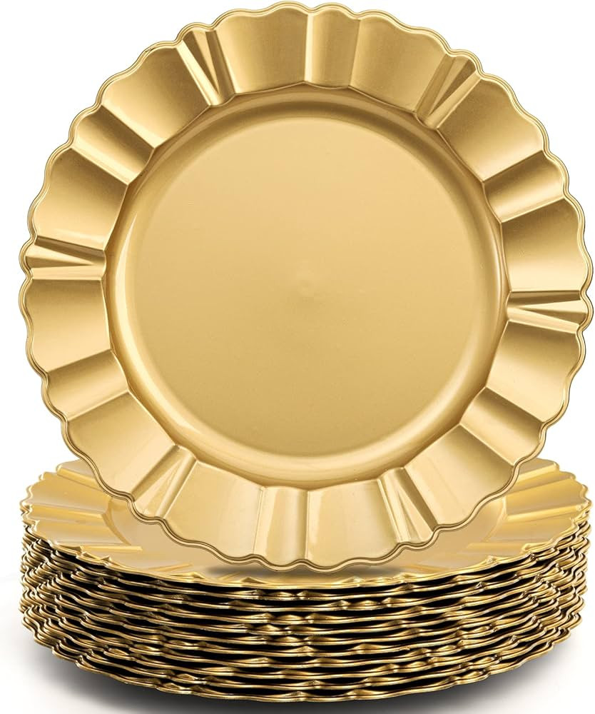 Cedilis 12 Pack Gold Plastic Charger Plates, 13 Inch Round Charger for Dinner Plate, Fluted Edge ... | Amazon (US)