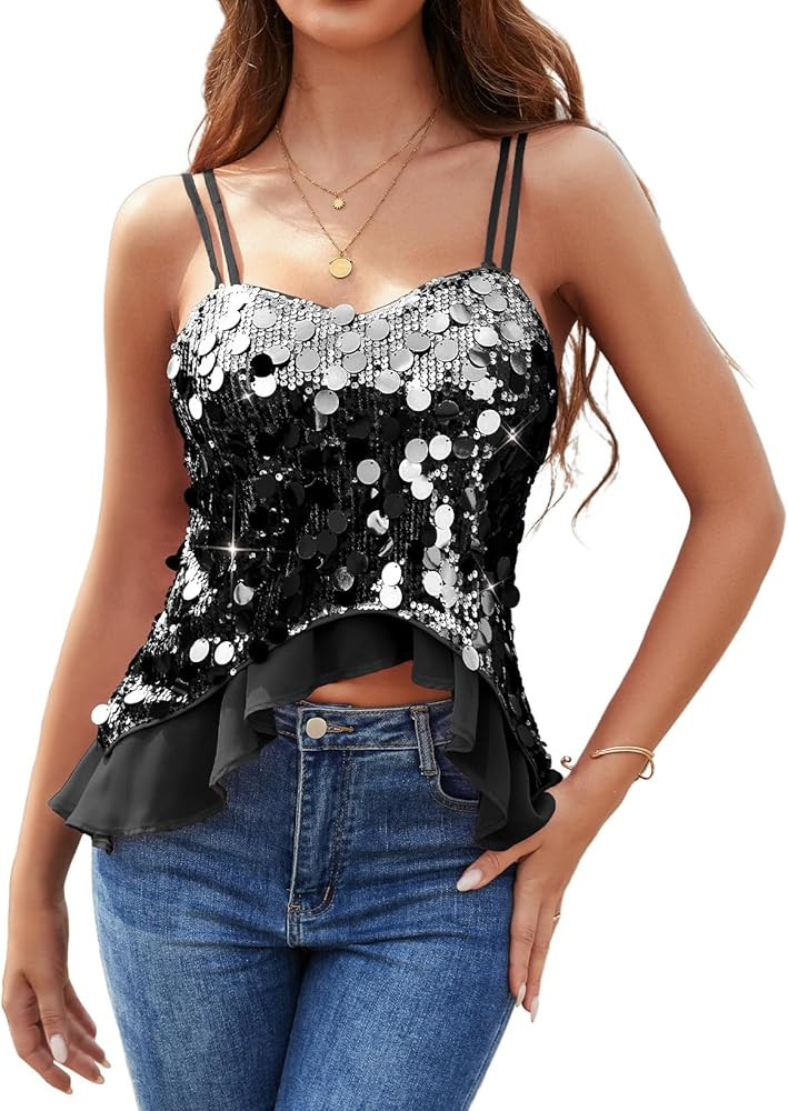 HomRain Women's Sexy Sequin Tops V Neck Strappy Casual Glitter Sparkly Camisole with Ruffle Party... | Amazon (US)