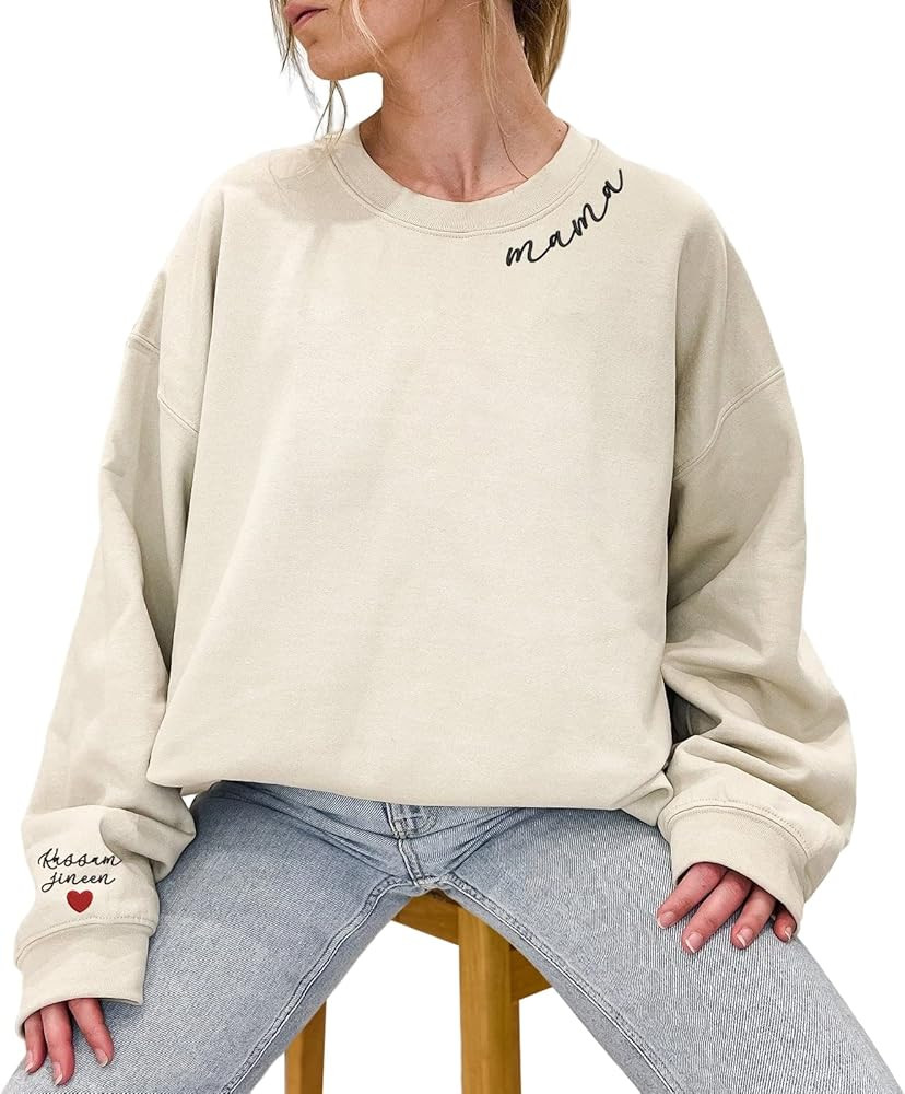 IZI POD Mama Sweatshirt Embroidered Heart on Kids Name, Personalized Custom for Mama Crewneck, Cu... | Amazon (US)