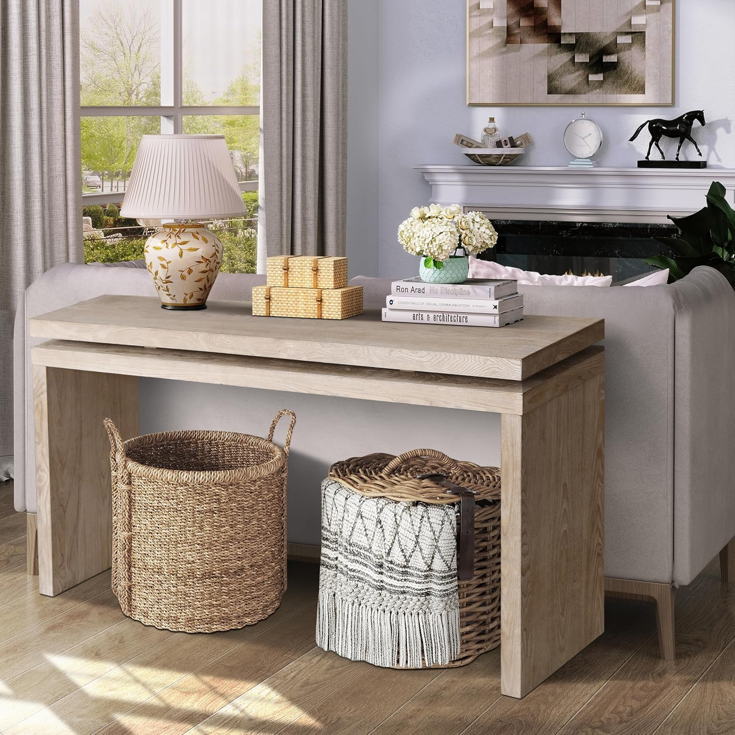 60'' Farmhouse Entryway Table with Double Board Suspension Design,Retro Wooden Console Table for Living Room Sofa,Natural | Amazon (US)