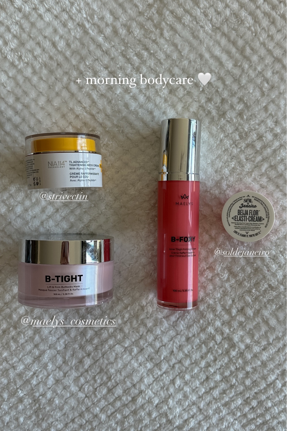 morning bodycare favorites for lifting + toning 🤍 

[strivectin neck cream, sol de janeiro bum bum cream, maelys tight thigh cream, ult beauty body care haul, self care routine of the day, favorite beauty products] 

#LTKBeauty #LTKSaleAlert #LTKFindsUnder50