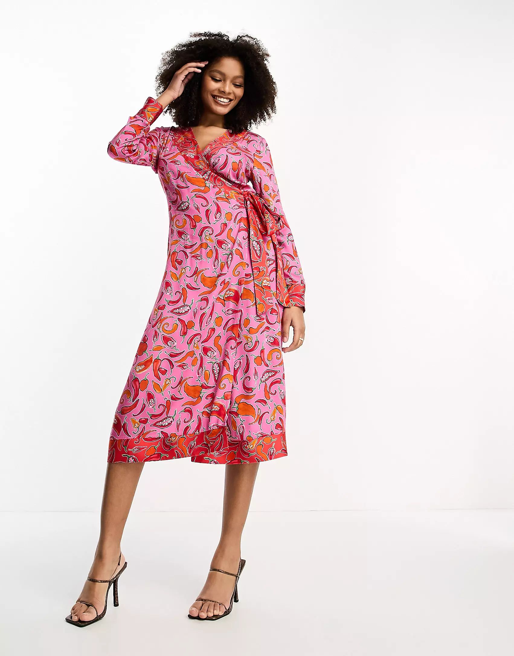 Never Fully Dressed contrast wrap midi dress in pink and red chili print | ASOS (Global)
