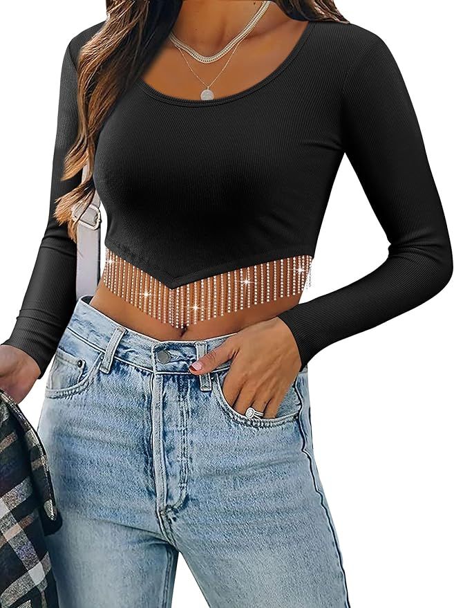ZXZY Women Soft Ribbed Sparkly Rhinestone Fringe Long Sleeve Crop Top Cropped T Shirts | Amazon (US)