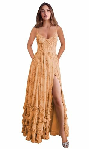 V Neck Spaghetti Straps Prom Dresses Orange for Teens Tiered Pleated Party Evening Gowns Floral Corset Floor Length Formal Cocktail Dress with Slit US12 | Amazon (US)