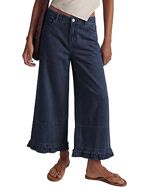EVALESS Womens Wide Leg Jeans 2026 Trendy Mid-Rise Cropped Baggy Jeans Loose Fit Cute Ruffle Hem ... | Amazon (US)
