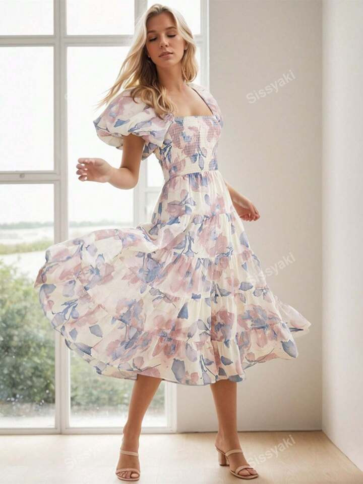 Sissyaki Women's Summer Boho Floral Print Midi Dress Square Neck Tiered Flowy Beach Long Dress | SHEIN