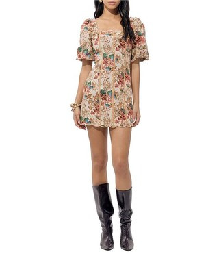 Adelyn Rae Silvie Tapestry Square Neck Floral Puff Short Sleeve Sheath Mini Dress | Dillard's | Dillard's