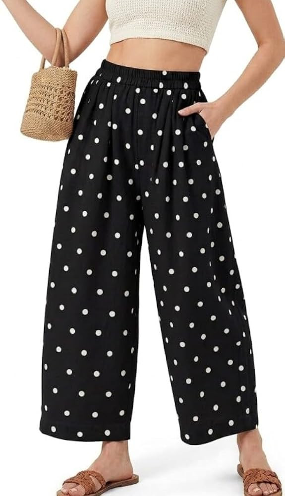 Womens Boho Polka Dot Cotton Linen Barrel Pants Wide Leg Palazzo Cropped Trousers Casual Elastic ... | Amazon (US)