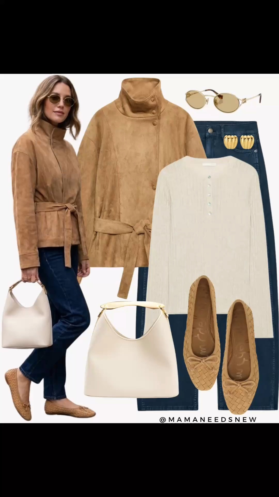 Early fall outfit with suede belted jacket, Henley knit top, jeans, flats and top handle bag

#LTKootd #LTKSeasonal #LTKSaleAlert