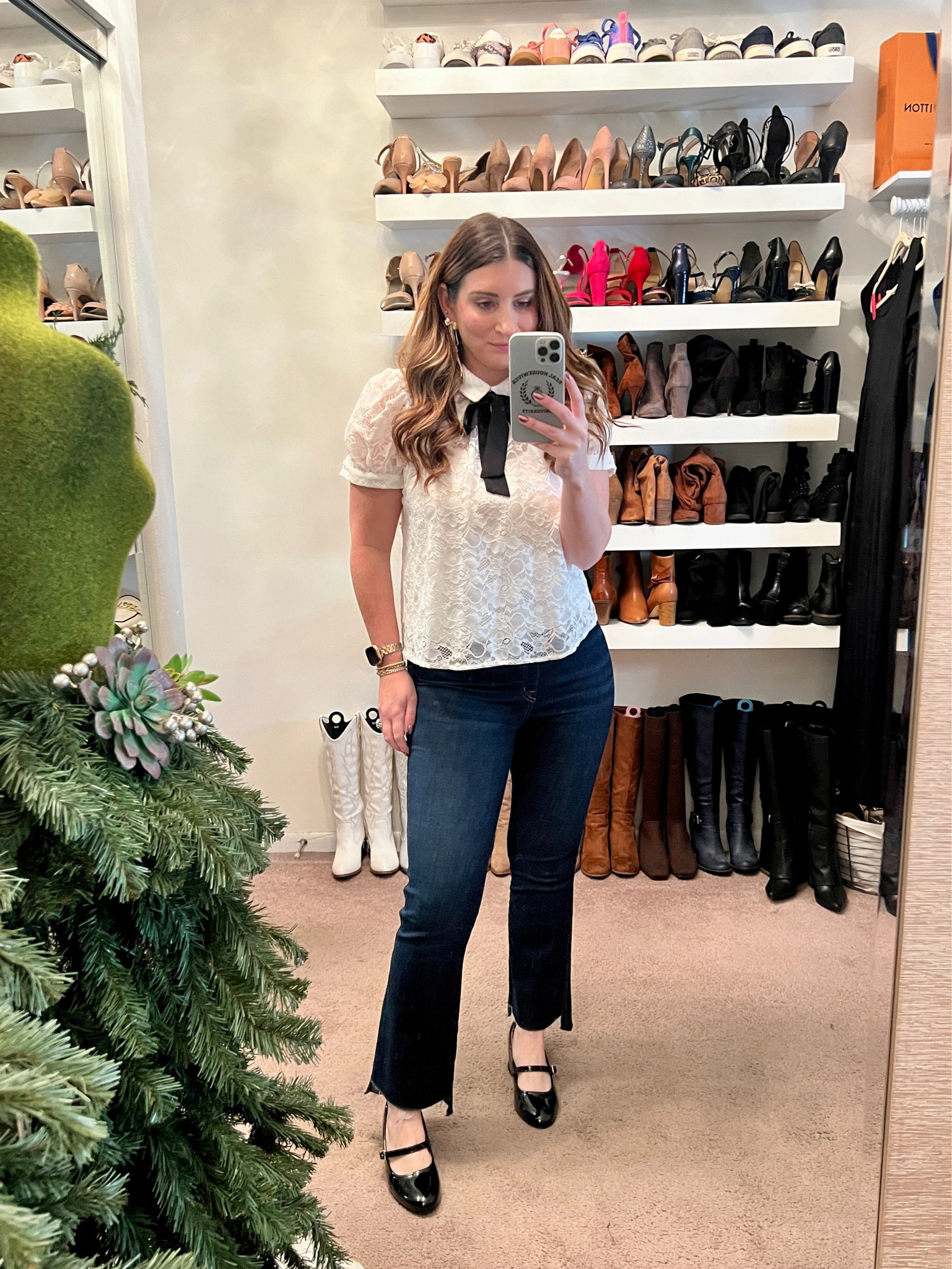 Lace top, Spanx pull on jeans, Mary Jane heels, gold bow earrings, rhinestone earrings, workwear, casual outfit, holiday outfit 

#LTKworkwear #LTKHoliday #LTKstyletip