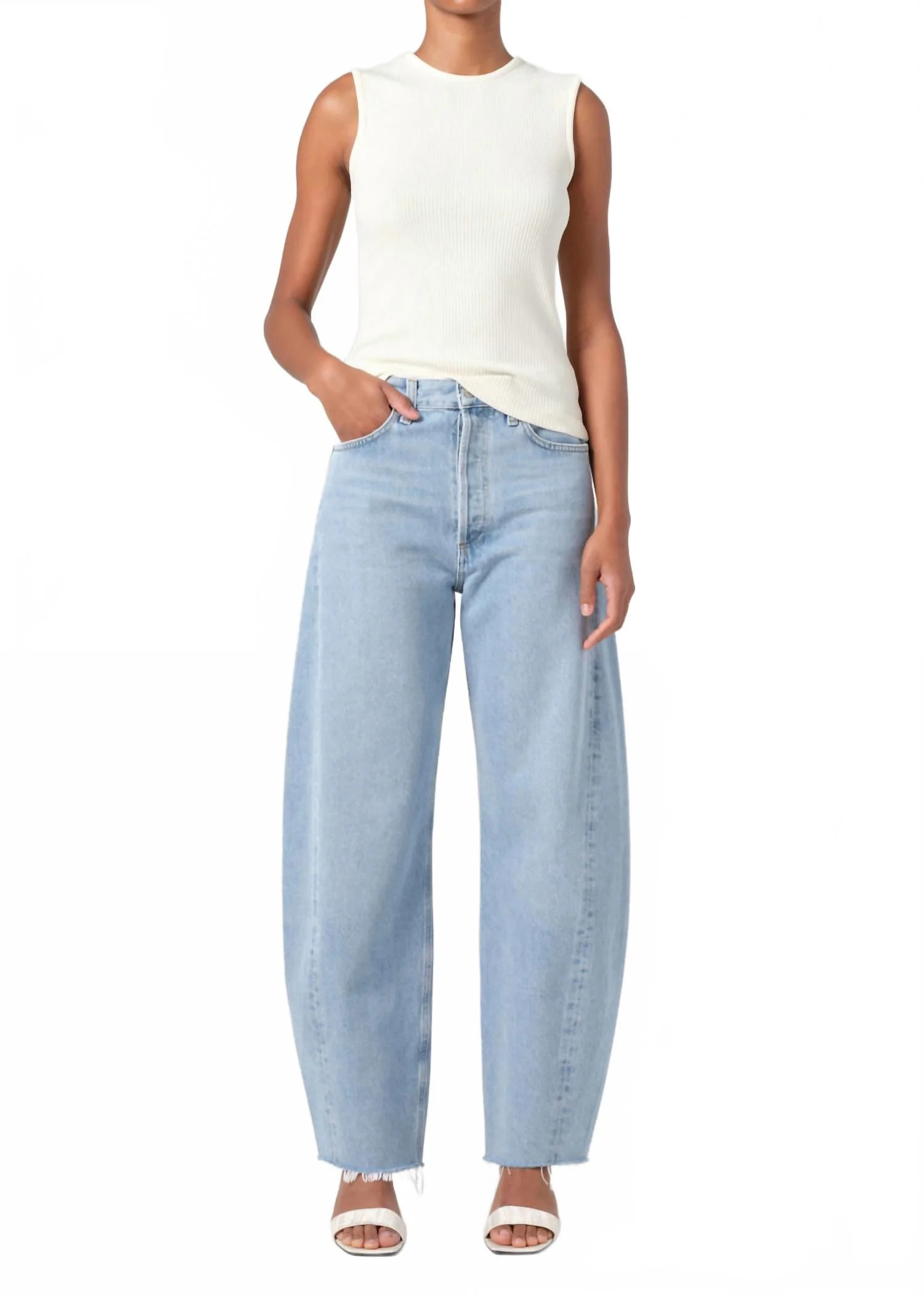 Luna High Rise Pieced Barrel Jean In Void | Shop Simon