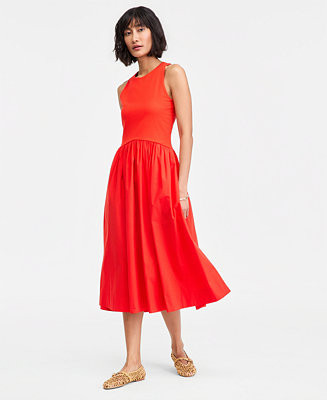 Women's Curved-Waist Mixed-Media Midi Dress | Macy's