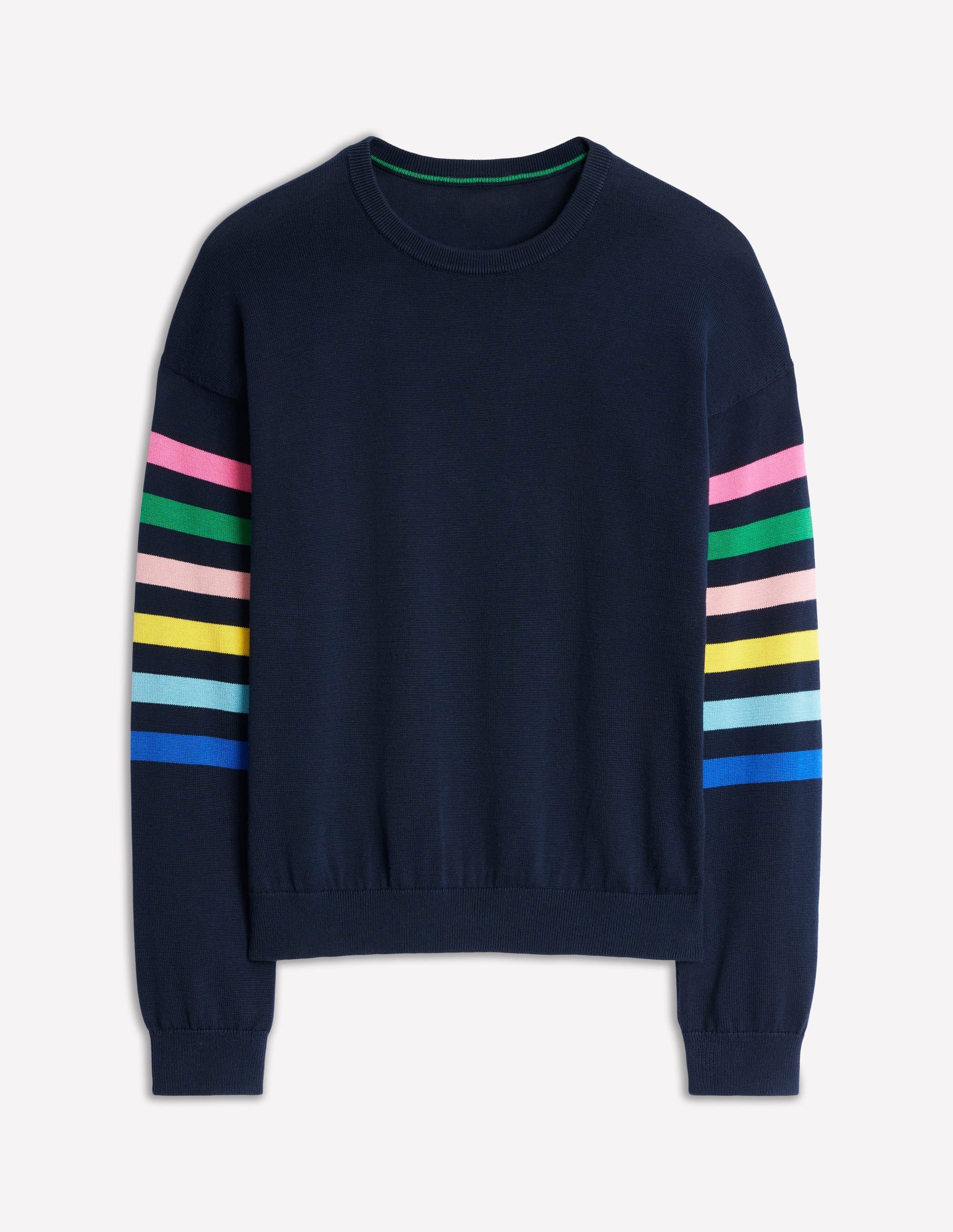Lara Relaxed Cotton Jumper-Navy Rainbow Sleeve Stripe | Boden (US)