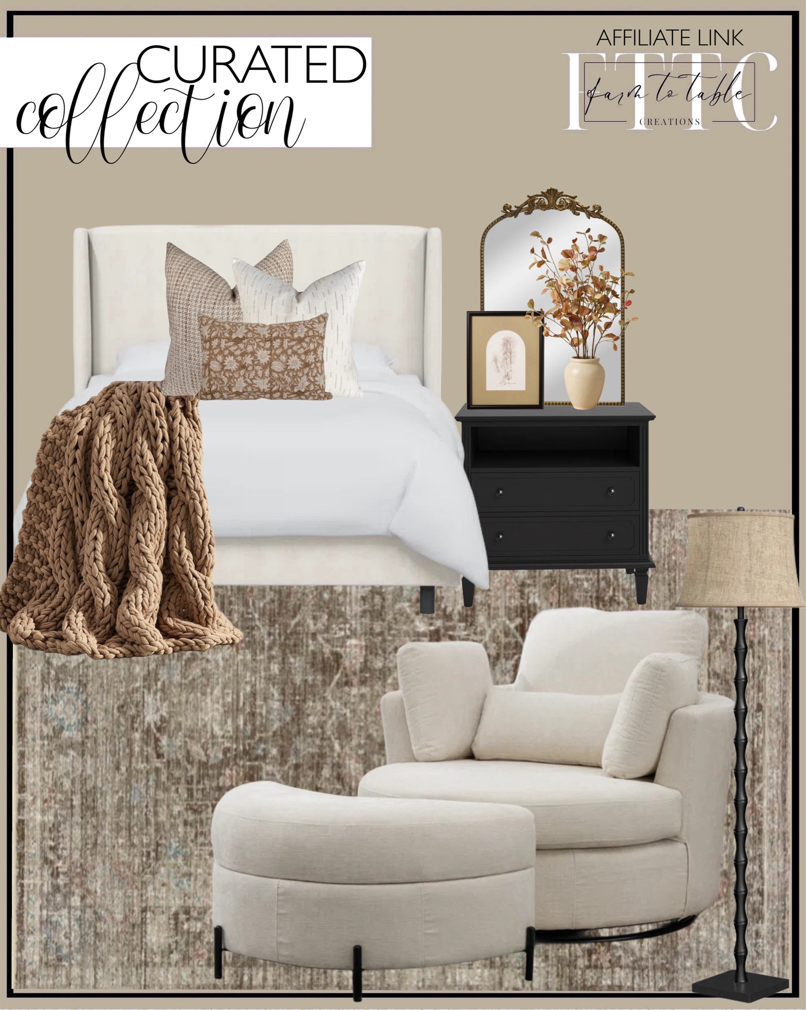 Curated Collection. Follow @farmtotablecreations on Instagram for more inspirational.

Magnolia Home X Loloi Millie Area Rug. Tilly Upholstered Bed. Amberlyn 2-Drawer Nightstand with Built-In Outlets and Solid Wood Legs. Kenmari Upholstered Swivel Barrel Chair with Ottoman. Hafner 62'' Black Traditional Floor Lamp. Better Homes & Gardens Filigree Mirror. 11"x14" Sepia Tree Framed Wall Art - Hearth & Hand with Magnolia. 20" Faux Hazel Leaf Fall Arrangement - Hearth & Hand with Magnolia. Colossal Handknit Throw. Modern Cottage Vibe Pillow Cover Set Hackner Home. 

Bedding | Coffee Table Decor | Fall Decor | Fall Stem Sale | Target Finds | Skinny Bench | Bedroom | Living Room | Breakfast Nook | Amazon Home | Target Sale | Loloi Rugs | Magnolia Home | console table | console table styling | faux stems | entryway space | home decor finds | neutral decor | entryway decor | cozy home | affordable decor |  home decor | home inspiration | spring stems | spring console | spring vignette | spring decor | spring decorations | console styling | entryway rug | cozy moody home | moody decor | neutral home


#LTKFindsUnder50 #LTKSaleAlert #LTKHome