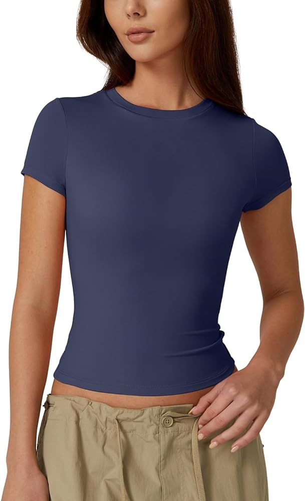 QINSEN Women's Crew Neck Short Sleeve Double-Layer Tops Basic Slim Fit Going Out T Shirt | Amazon (US)