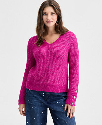 Women's V-Neck Jewel-Button-Cuff Sweater, Macy's Exclusive | Macy's