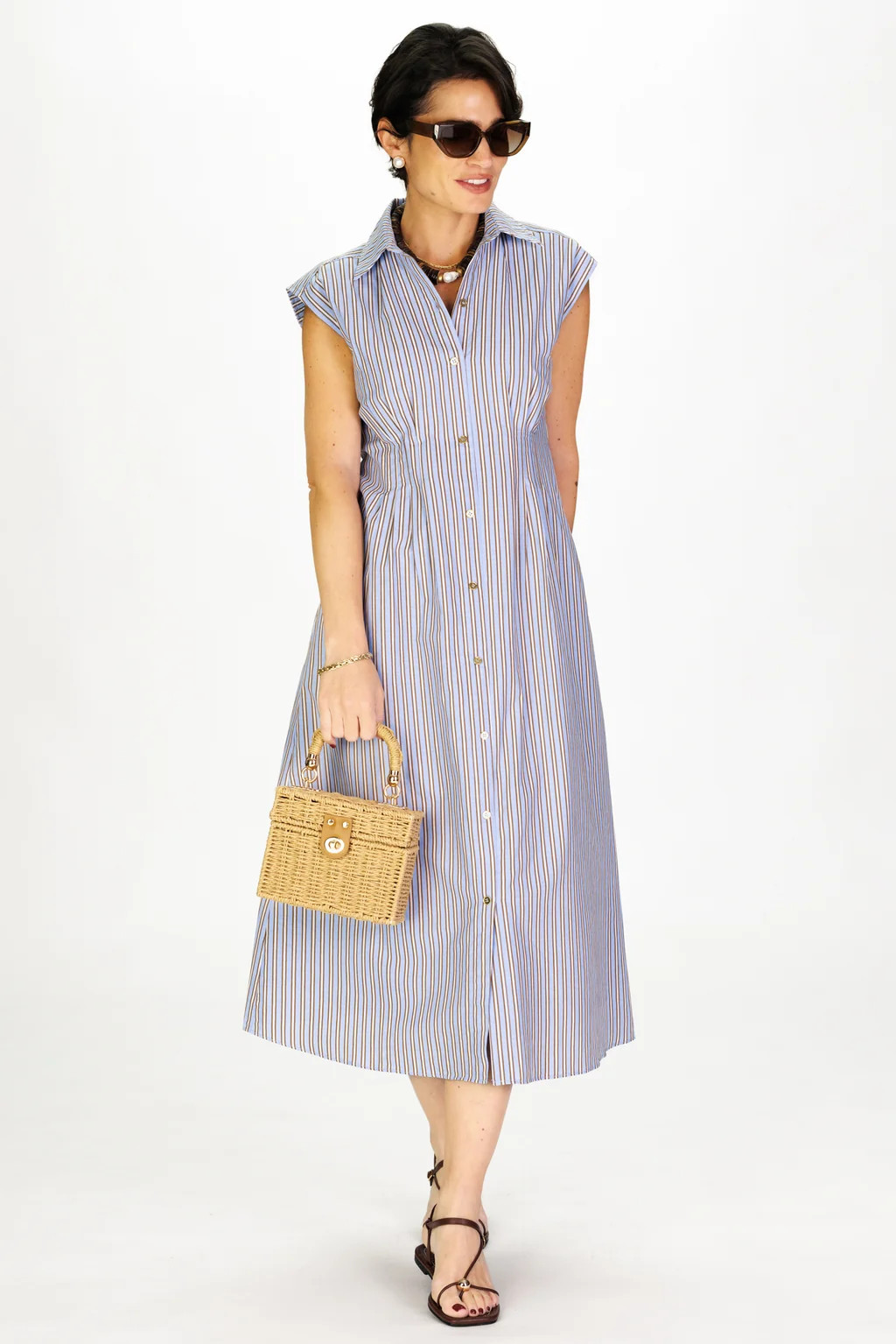 Pleated Callahan Dress in Driftwood Blue Stripe | Duffield Lane