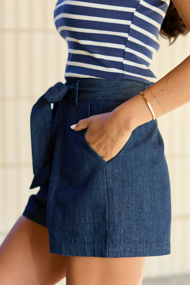 Wherever You Are Dark Wash Belted Denim Shorts | Pink Lily