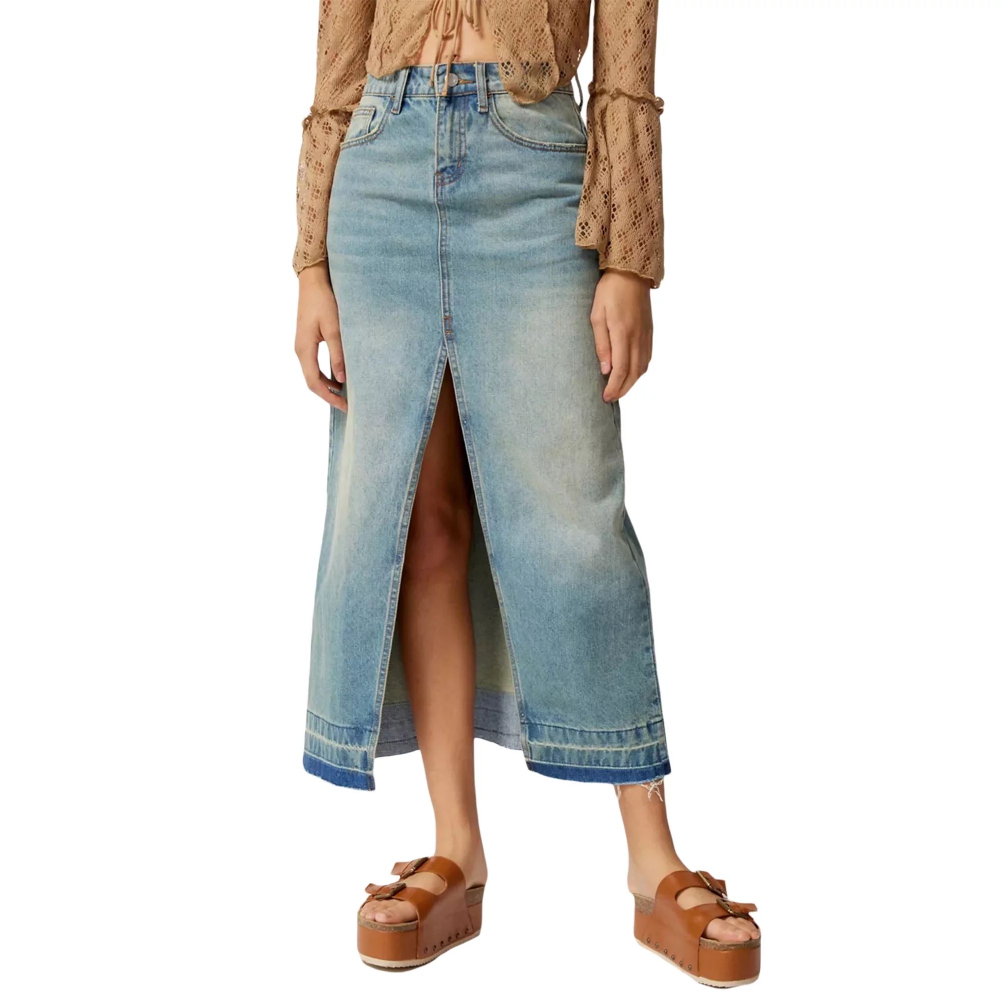 Thaisu Women's Casual Mid Waist  Denim Skirt Split Hem Midi Jean with Pockets | Walmart (US)