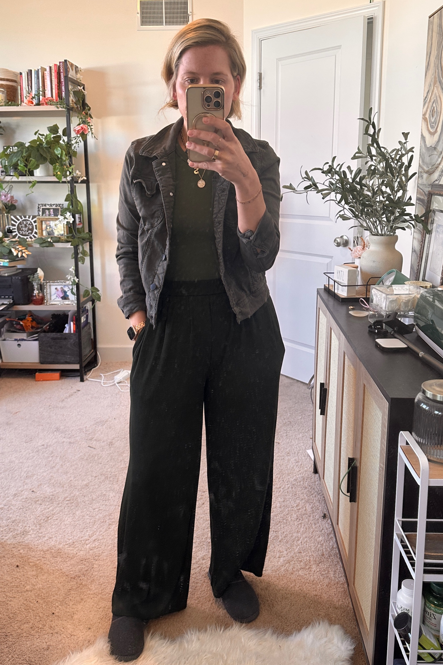 Can’t stop wearing green or this gold layered coin necklace from Amazon. These pants feel like pajama pants.