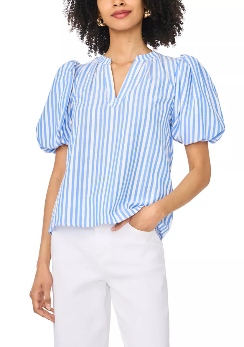 Women's Puff Sleeve Striped Split Neck Blouse | Belk