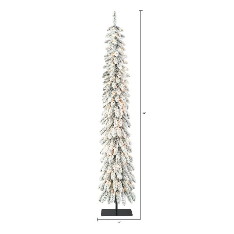 Holiday Time 7ft Pre-Lit Flocked Pencil Alpine Artificial Christmas Tree, Green, 7', Clear | Walmart (US)