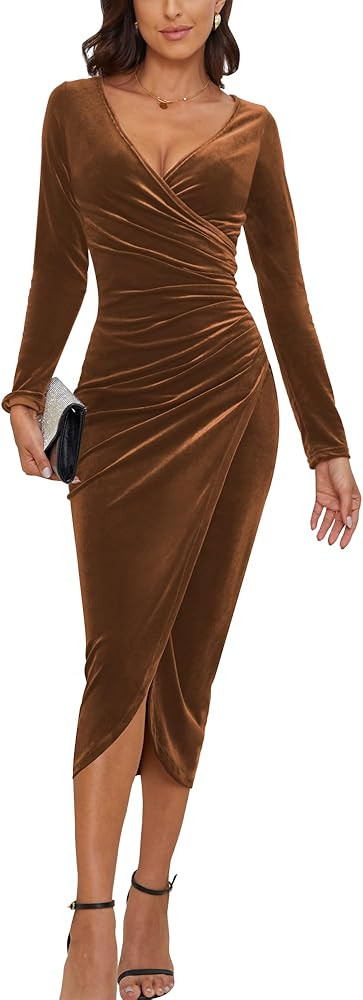 Women's V Neck Wrap Velvet Long Sleeve Elegant Bodycon Ruched Cocktail Party Maxi Dress | Amazon (US)