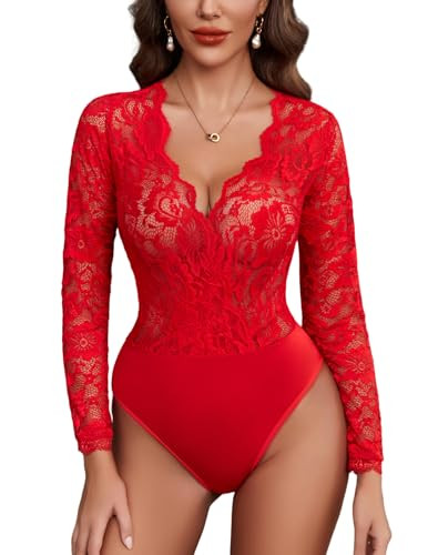 Avidlove Lace Bodysuit for Women Sexy Long Sleeve V Neck Body Suits Going Out Tops Snap Crotch On... | Amazon (US)