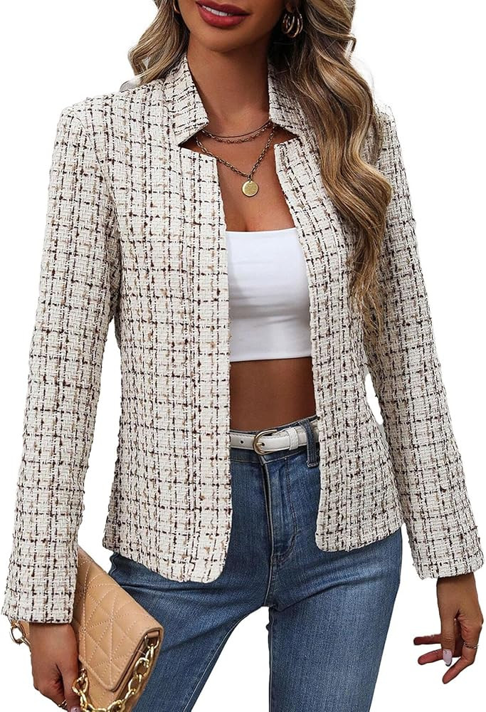 Mina Self 2025 Winter Women's Tweed Plaid Blazer Jacket - Warm Open Front Stand Collar Fully Line... | Amazon (US)