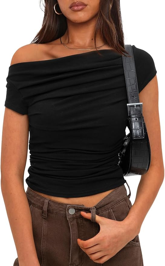 Darong Women's Summer Cap Sleeve Boat Neck Off Shoulder Top Going Out Slim Fit Tops Y2K Tight Shi... | Amazon (US)