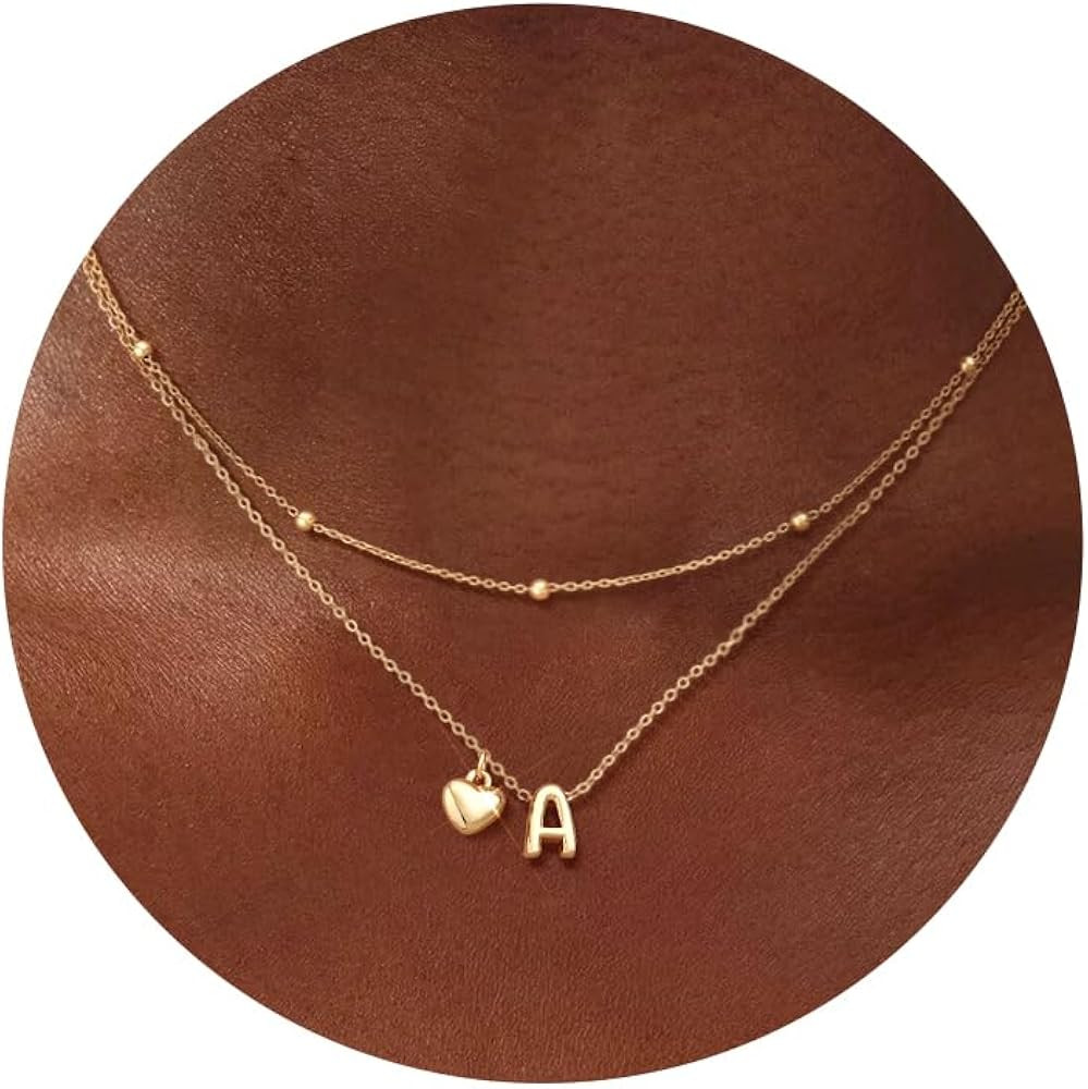 adoyi Initial Necklaces for Women 14k Gold Plated Layered bubble Letter Necklace Set Dainty Heart... | Amazon (US)