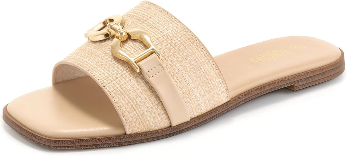 Rihero Women's Flat Sandals Summer Comfortable Square Open Toe Slip On Leather Slide Sandals | Amazon (US)