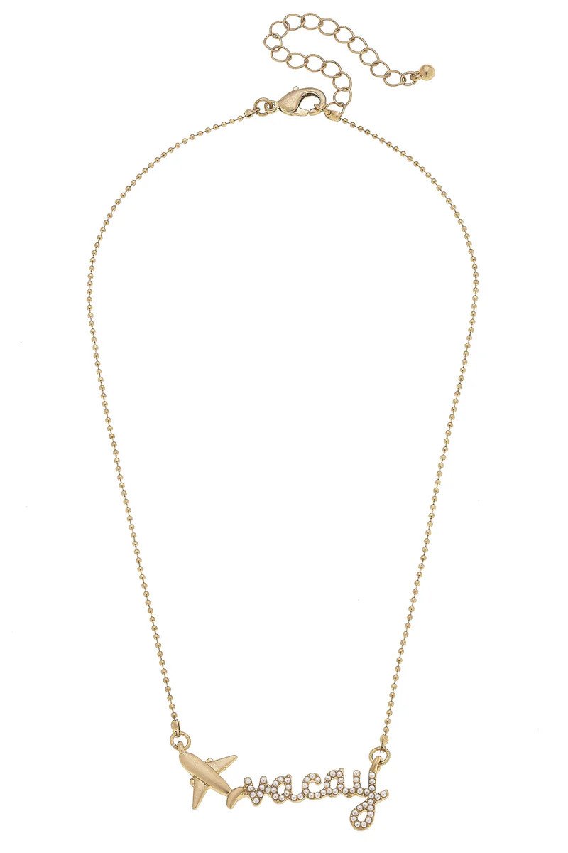 Jet Setter Pearl-Studded "Vacay" Necklace in Shiny Gold | CANVAS