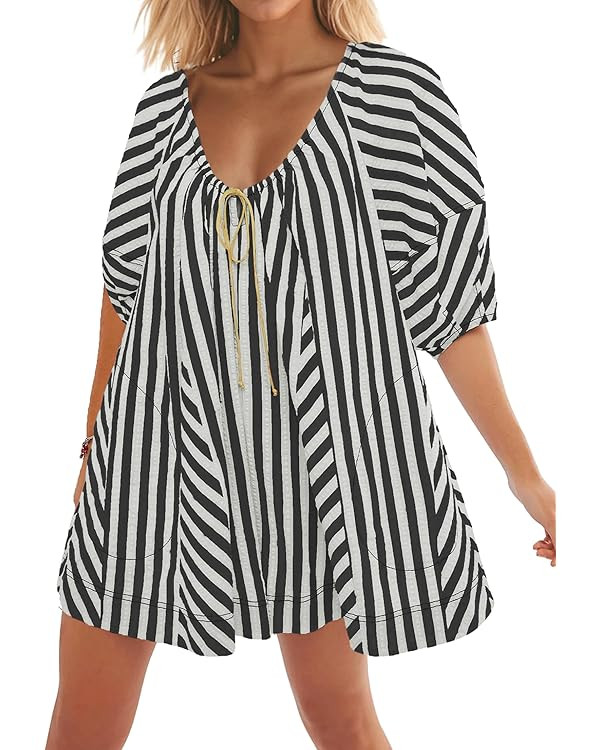 Women Striped Summer Dress with Pockets Casual Loose Puff Sleeve Mini Dress Adjustable V Neck Ove... | Amazon (US)