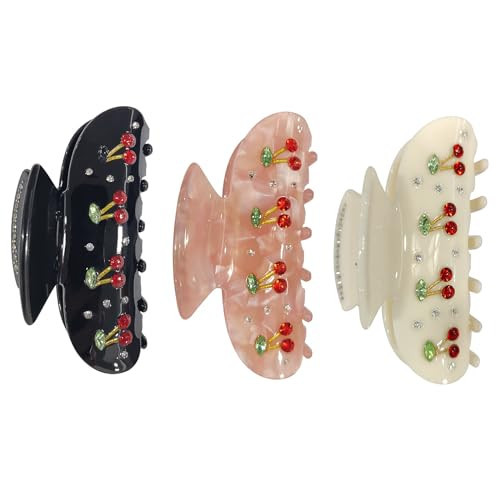 3 Pieces Cherry Hair Claw Acrylic Hair Clips Claws Cute Claw Clips With The Rhinestone Pattern In Red French Style Hair Clip for Thin Hair and Thick Hair Styling Sectioning | Amazon (US)